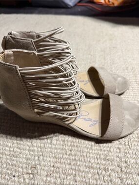 American Rag Beige Strappy Fringe Wedge Sandals